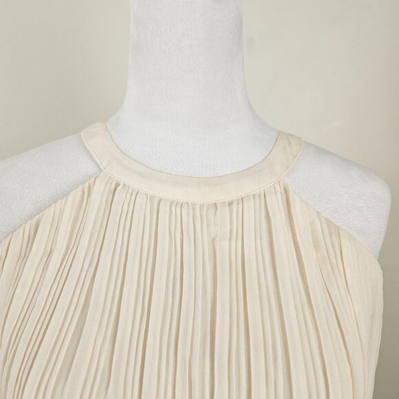 Womens Small Elegant Halter Neck Pleated Tiered Maxi Cream Dress Sleeveless - Picture 8 of 13